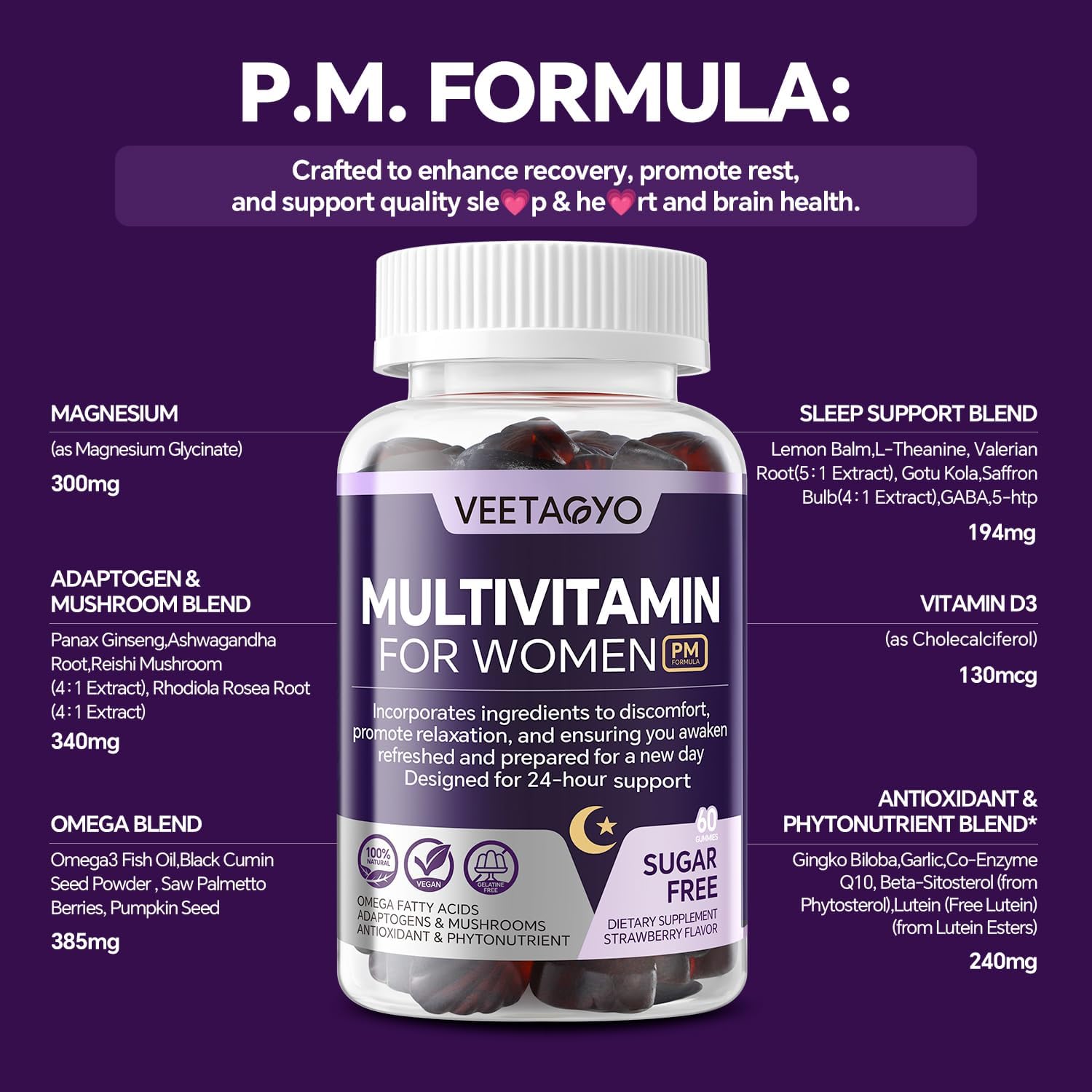 VEETAGYO Multivitamínico para Mujeres AM y PM - Sin Melatonina, con Calcio de Algas, Omega-3, Vitamina D3K2, Magnesio - Sin Azúcar, Vegano, 120 Gomitas