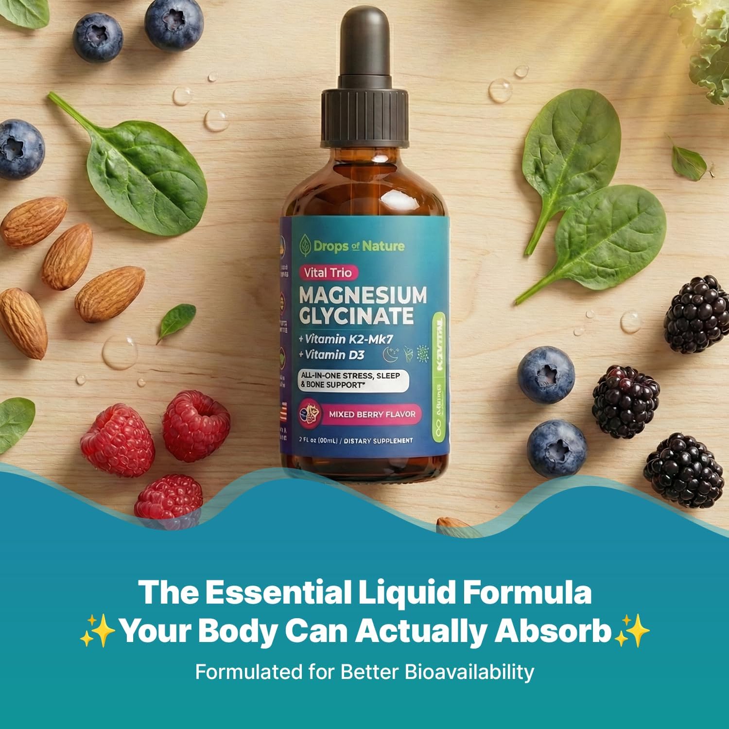 Magnesio Glicinato con Vitamina D3 y K2 – Suplemento Líquido Vegano