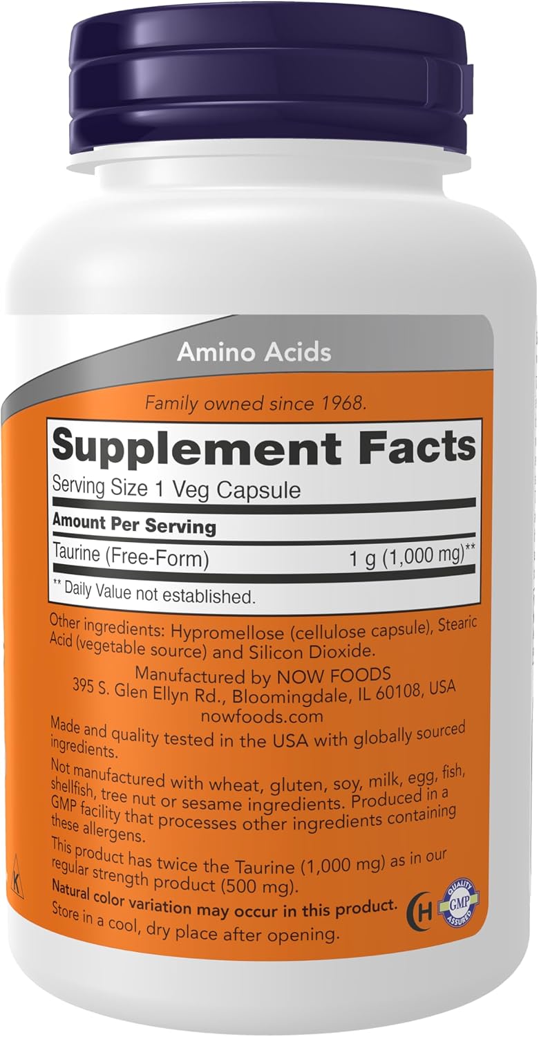 NOW Foods Taurine 1000 mg, Double Strength, 100 Veg Capsules