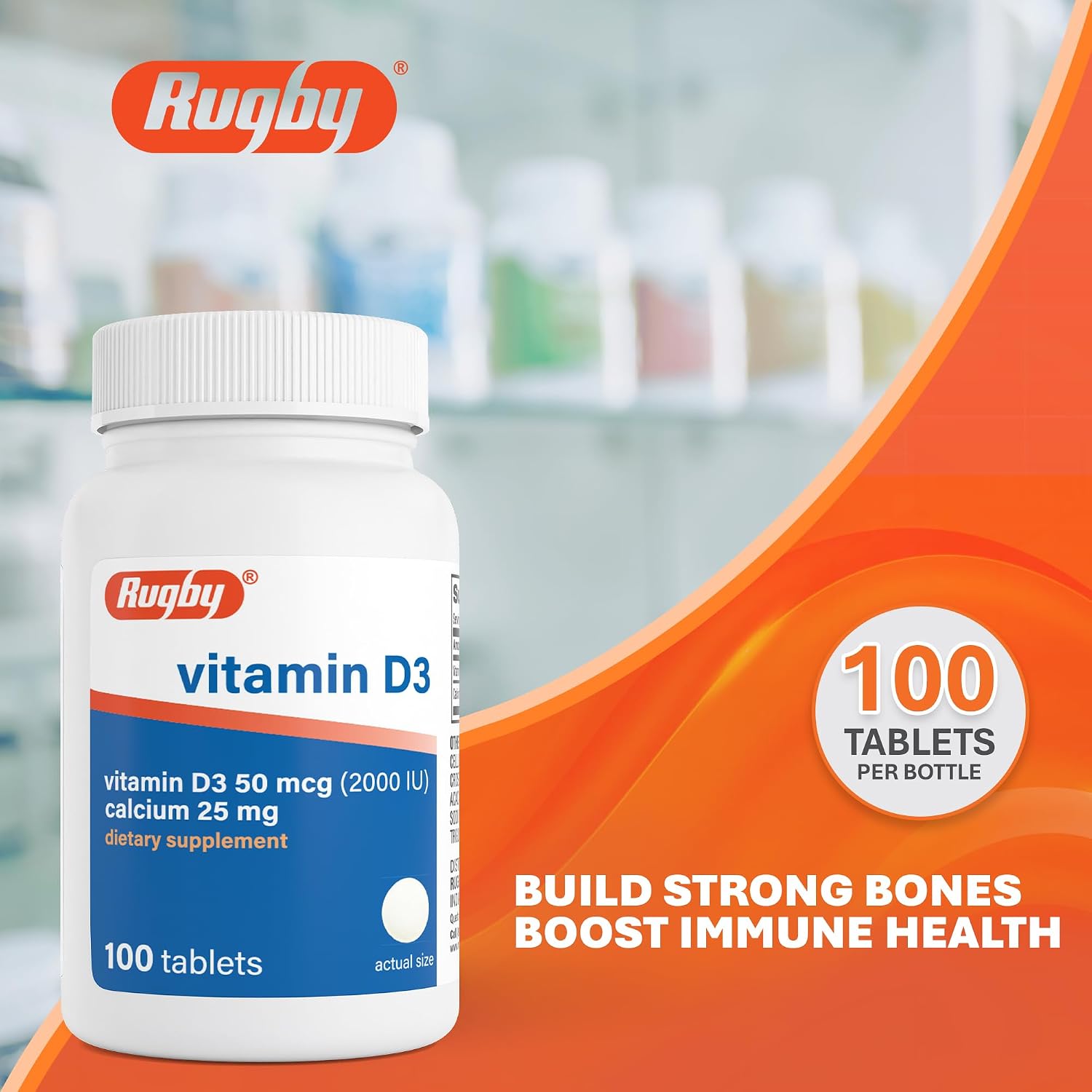 Rugby Vitamina D3 2000 IU (50 mcg) - Suplemento diario de vitamina D3 sin gluten para huesos, dientes e inmunidad - 100 comprimidos