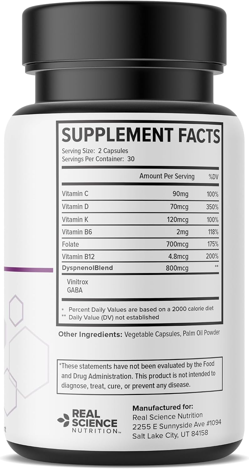 Real Science Dyspnenol - Suplemento Natural de Apoyo Pulmonar con Vinitrox y GABA, 60 Cápsulas