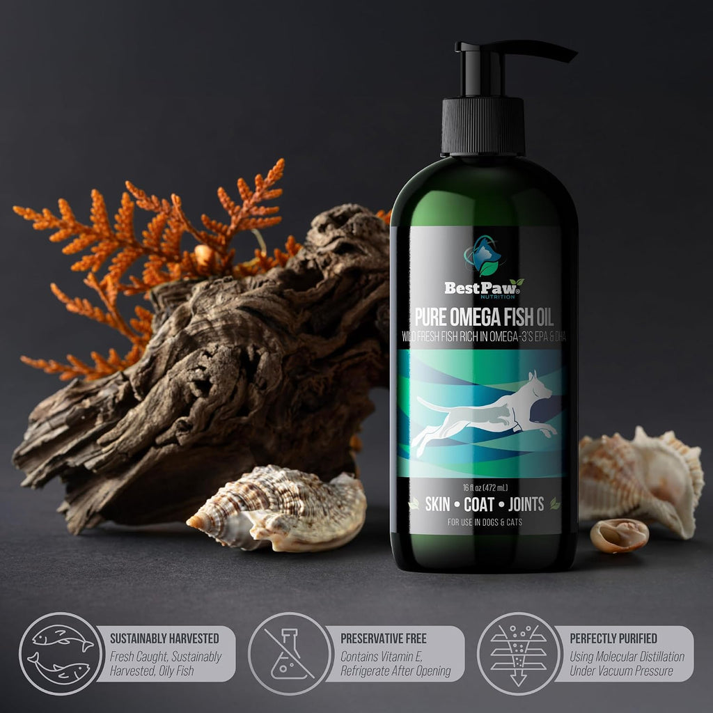 Aceite de Pescado para Perros | Omega 3 Líquido de Captura Salvaje con Dosificador | Apoyo para Piel, Pelaje, Articulaciones, Corazón y Nervios | Alta Potencia EPA y DHA | 473ml