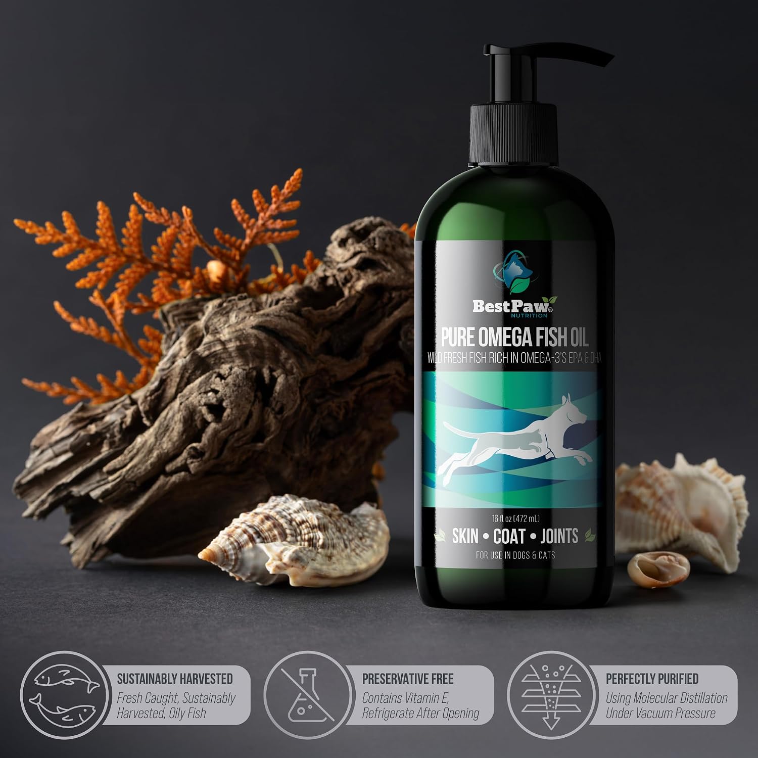 Aceite de Pescado para Perros | Omega 3 Líquido de Captura Salvaje con Dosificador | Apoyo para Piel, Pelaje, Articulaciones, Corazón y Nervios | Alta Potencia EPA y DHA | 473ml