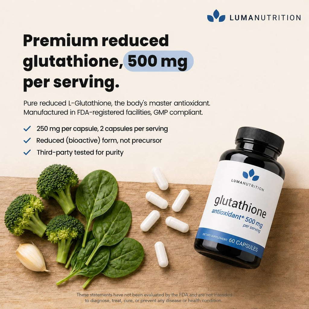 Luma Nutrition Suplemento de Glutatión Premium - 500mg por dosis - L-Glutation Reducido - 60 Cápsulas - 30 Dosis