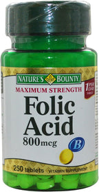 Nature's Bounty Ácido Fólico 800 mcg, Complemento Alimenticio, Máxima Potencia - 250 Comprimidos (Pack de 2)