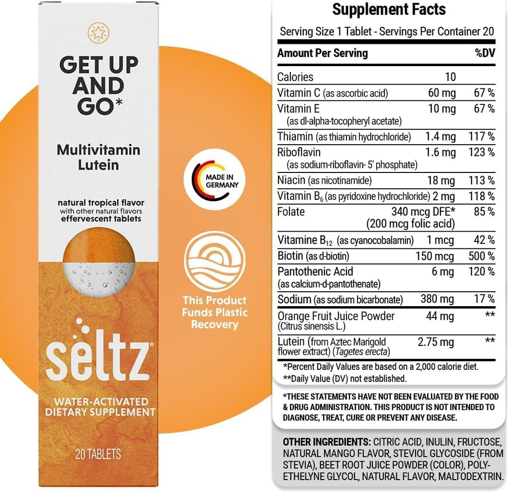 Seltz Multivitamínico en Comprimidos Efervescentes con Luteína, Antioxidante Diario y Apoyo a la Salud Ocular, Get Up and Go, Sabor Tropical, Se Disuelve en Agua, 120 Comprimidos, Paquete de 6