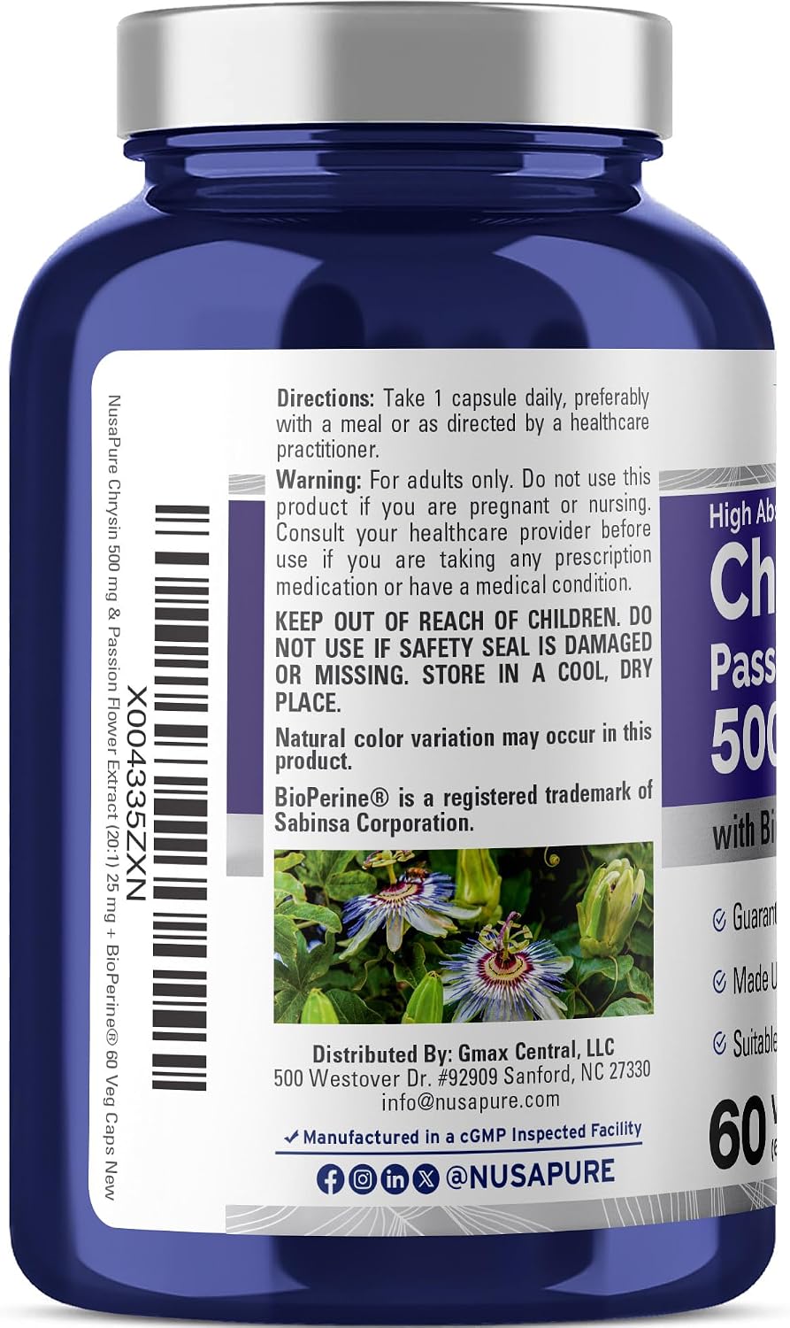 NusaPure Chrysin, 500mg, 60 Cápsulas Vegetales (No-GMO, Vegano)