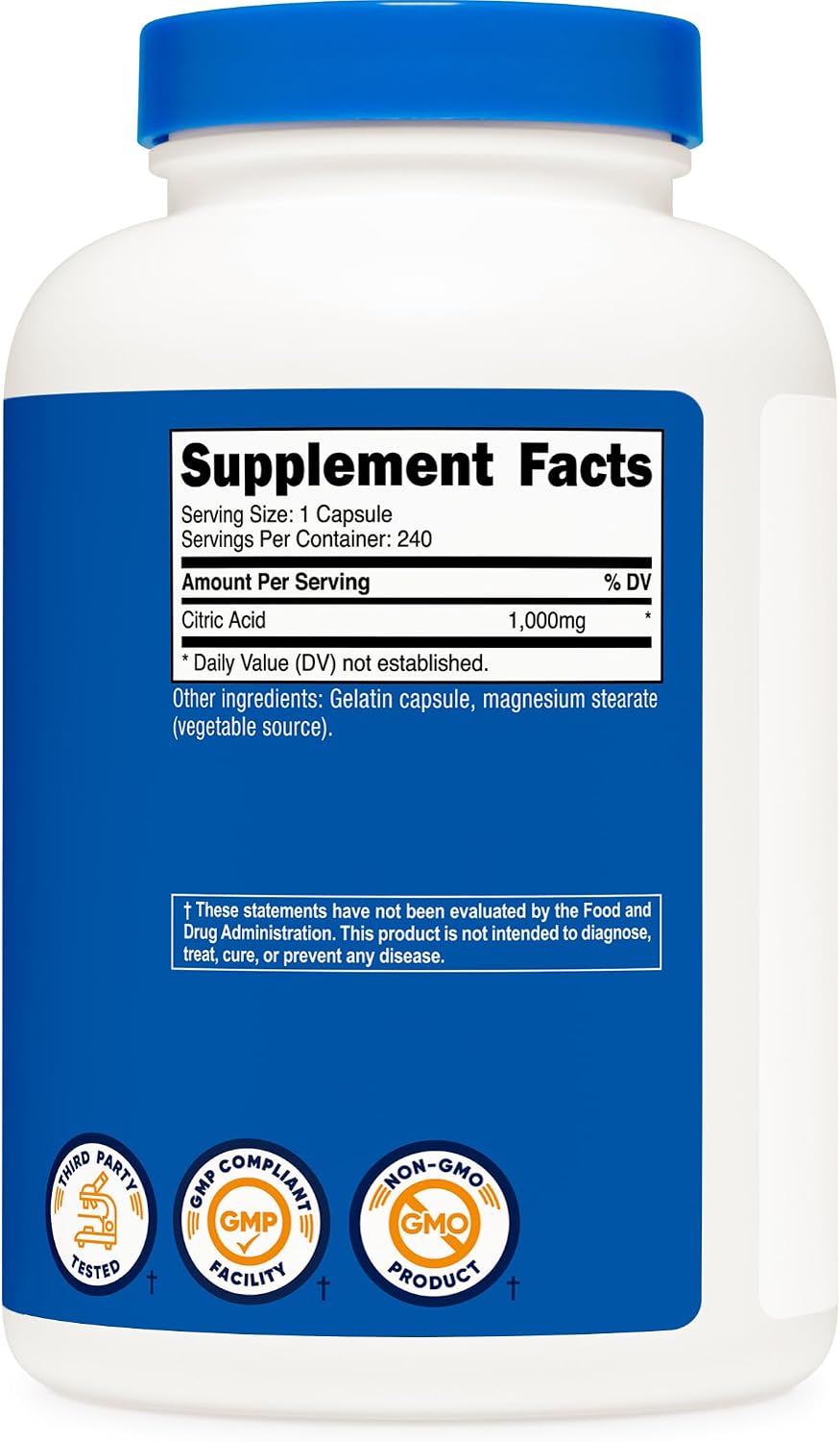 Nutricost Ácido Cítrico 1000mg (1 gramo), 240 Cápsulas - Sin Gluten, No Transgénico