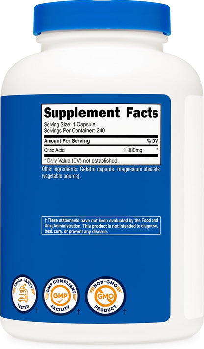 Nutricost Ácido Cítrico 1000mg (1 gramo), 240 Cápsulas - Sin Gluten, No Transgénico – Image 5