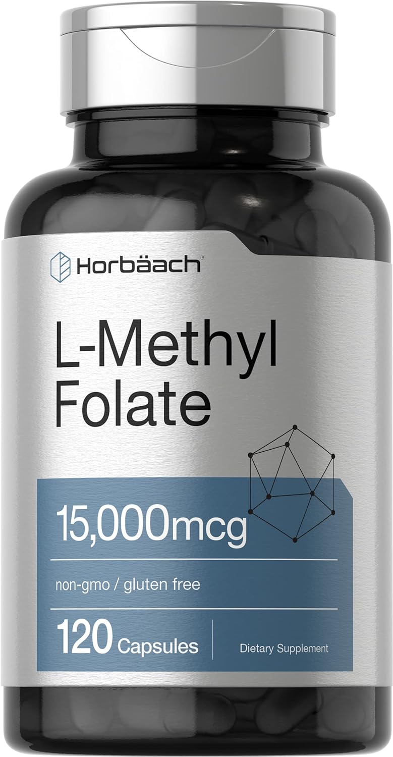 Horbäach L-Metilfolato 15000 mcg | 120 Cápsulas | 5-MTHF | No Transgénico, Sin Gluten