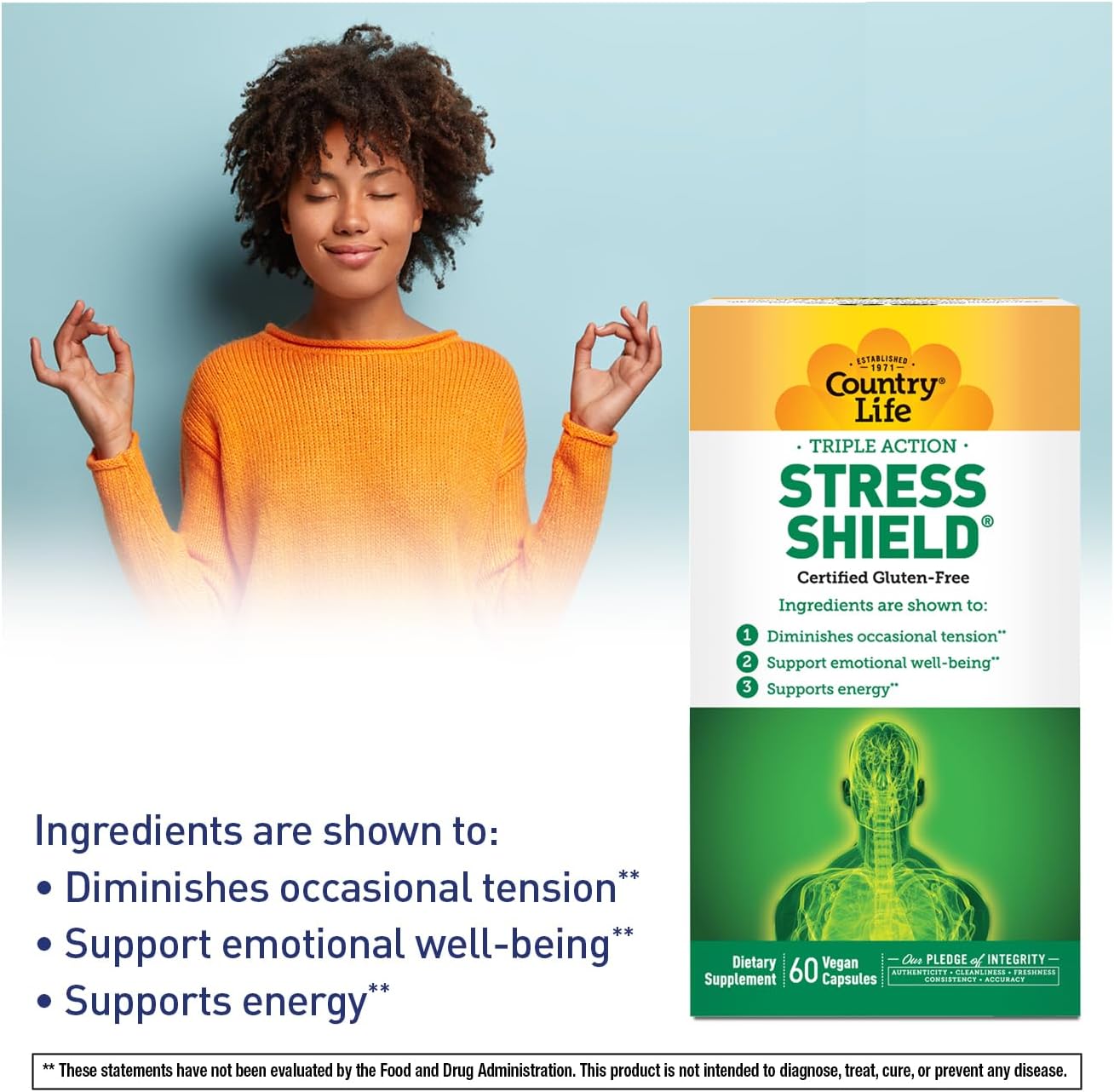 Country Life Stress Shield – Alivio del Estrés y Tensión con Ashwagandha y Vitaminas B, 60 Cápsulas