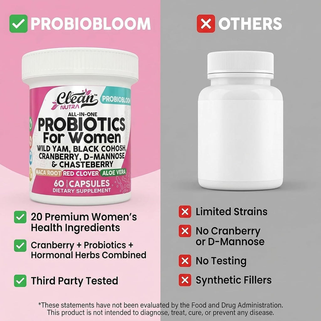 Clean Nutraceuticals Probióticos para Mujeres con D-Manosa, Arándano Rojo, Ñame Salvaje, Sauzgatillo - 20 Cepas Probióticas y Prebióticas - Equilibrio del pH, Probiótico Femenino para la Salud Digestiva - 60 Cápsulas