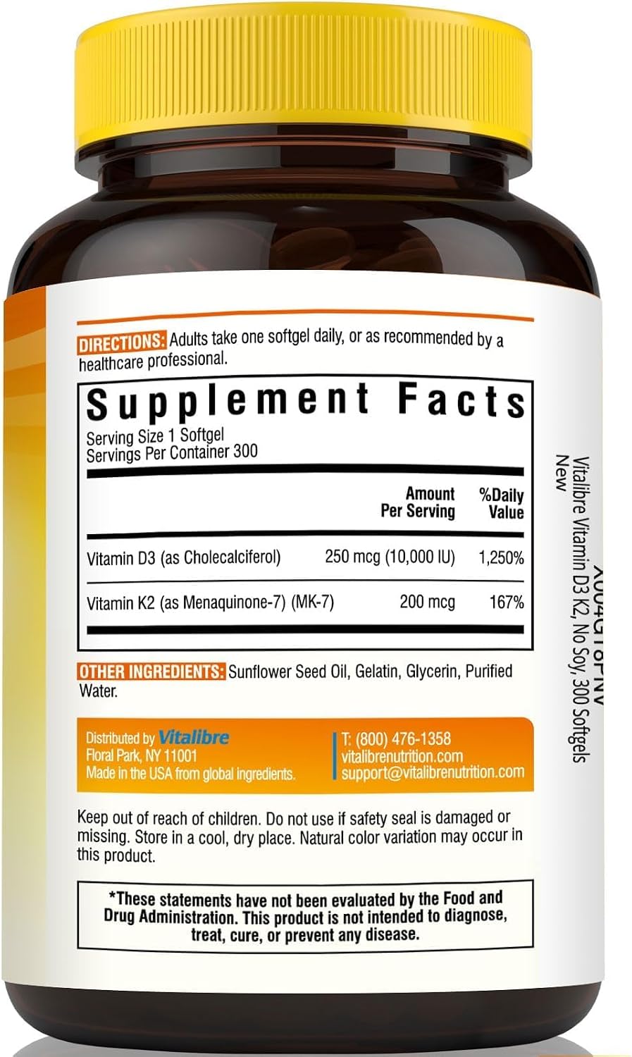 Vitalibre Vitamina D3 K2 10000 UI 200 mcg MK-7, 300 Cápsulas