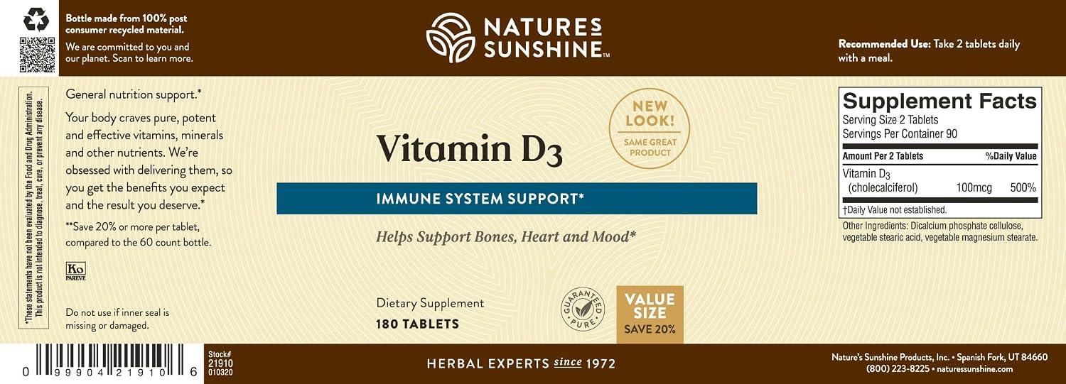 Nature's Sunshine Vitamina D3, 180 Comprimidos