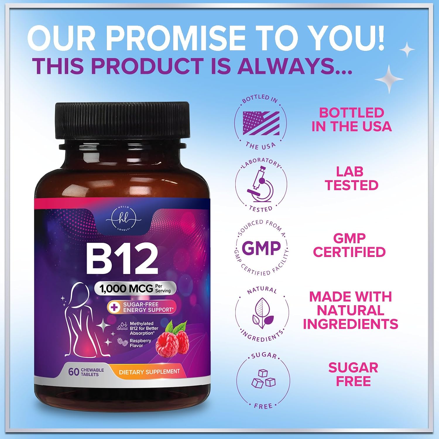 Vitamina B12 1000 mcg por Ración Comprimibles Masticables - Metilcobalamina - 60 Comprimidos