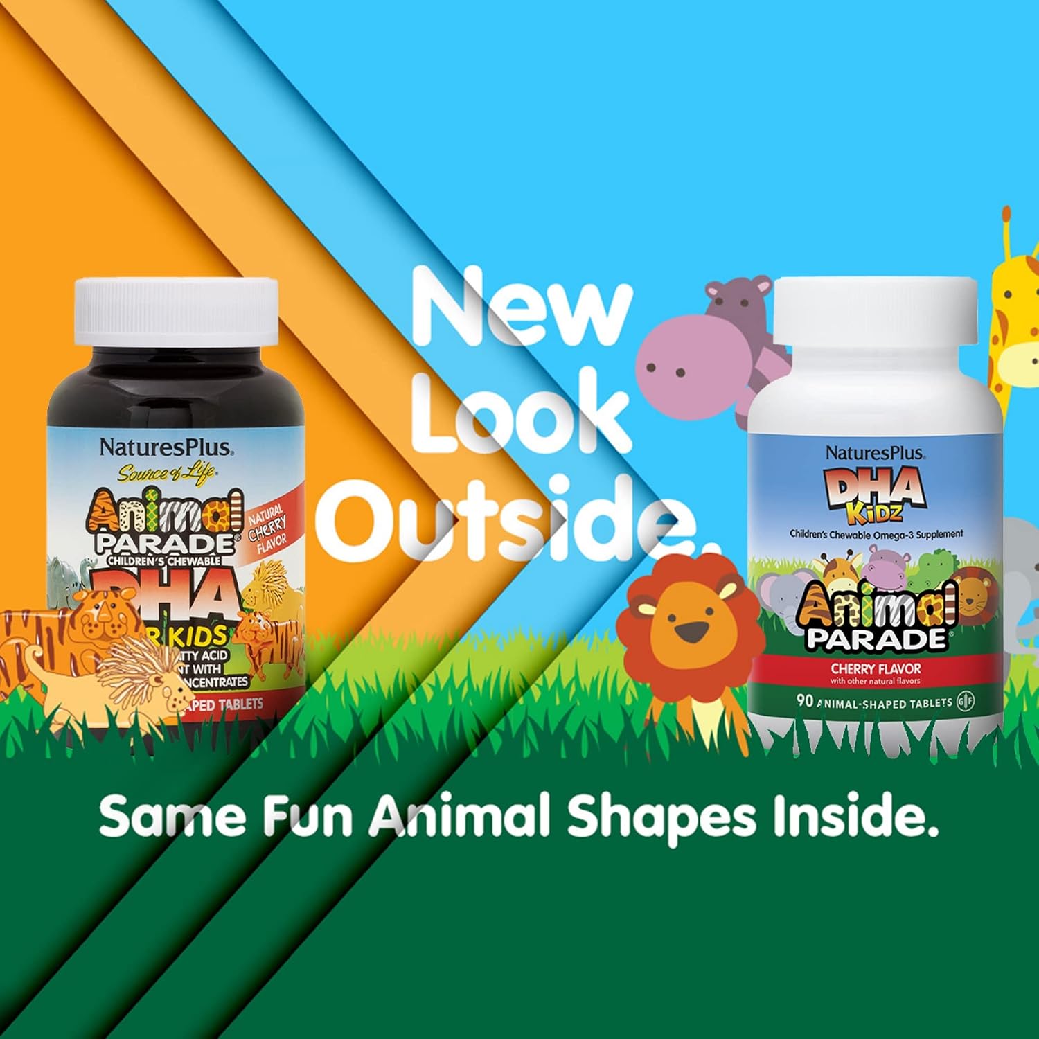 NaturesPlus Animal Parade DHA - Comprimidos masticables para niños - Sabor cereza natural - 90 comprimidos con forma de animal - Omega-3 DHA vegetariano