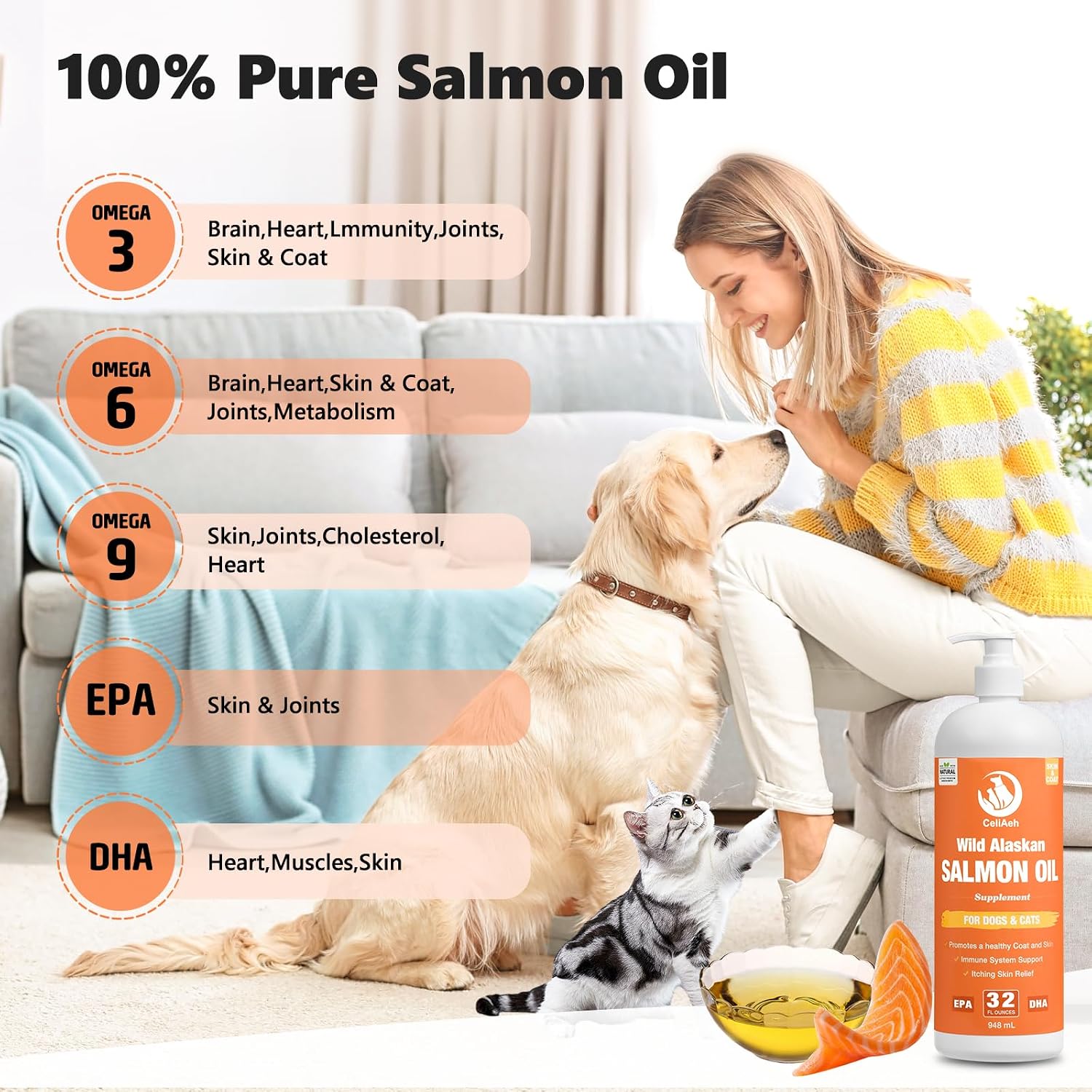 Aceite de Salmón Salvaje para Perros y Gatos, 946 ml