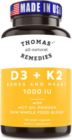 Thomas' all-natural Remedies D3 + K2 con MCT Oil y Mezcla de Alimentos Integrales, 1000 UI D3, Vegano, 120 Cápsulas
