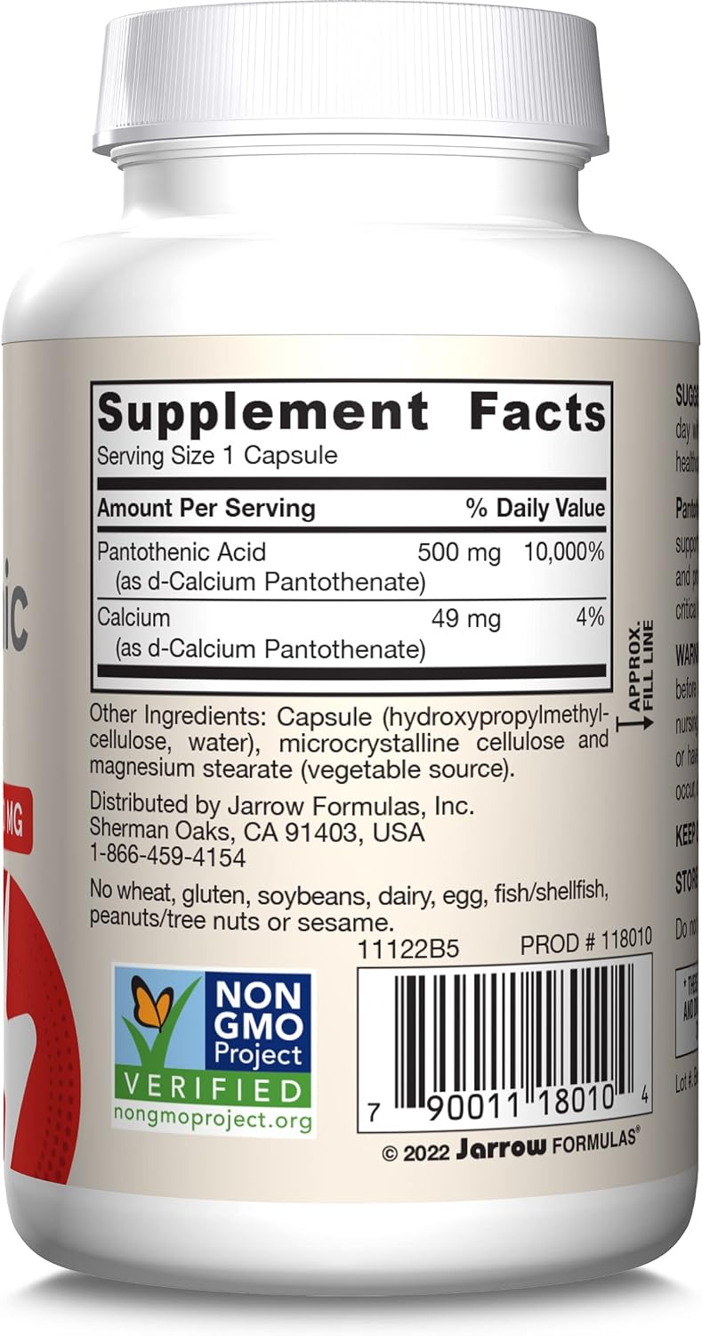 Jarrow Formulas Ácido Pantoténico B5 500 mg, 100 Cápsulas Vegetales