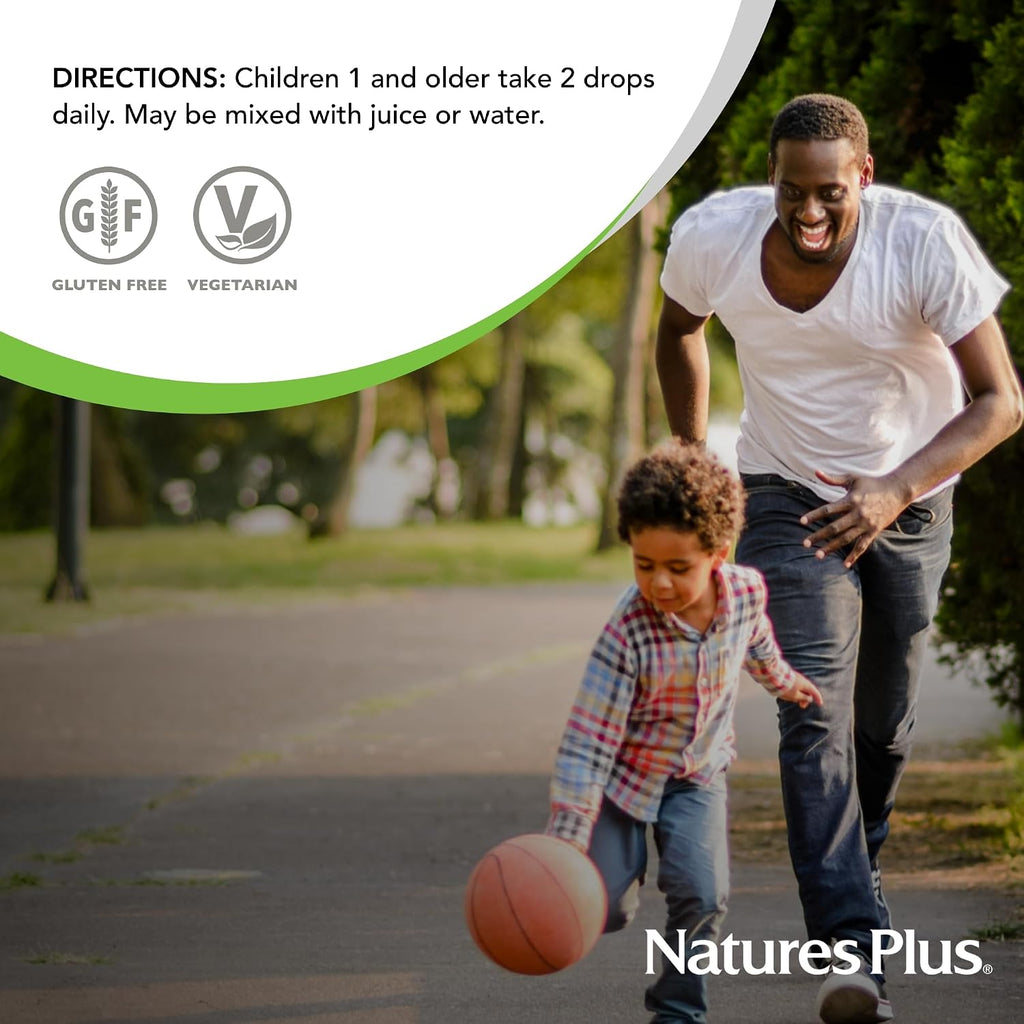 NaturesPlus Animal Parade Gotas Líquidas de Vitamina D3 para Niños - 400 UI, 10 ml - Sabor Naranja - Apoyo Óseo e Inmunológico - Sin Gluten, Vegetariano - 365 porciones