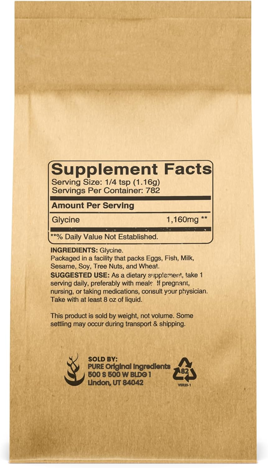 Pure Original Ingredients Glicina en Polvo (900g) - No-GMO, Aminoácido No Esencial, Sin Alérgenos