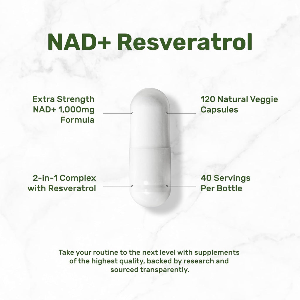 NAD+ Resveratrol 1.000mg por dosis, 120 Cápsulas Vegetales - 2 en 1 Suplemento de Potencia Extra, Alternativa al NMN, No Transgénico, Sin Gluten