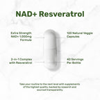 NAD+ Resveratrol 1.000mg por dosis, 120 Cápsulas Vegetales - 2 en 1 Suplemento de Potencia Extra, Alternativa al NMN, No Transgénico, Sin Gluten