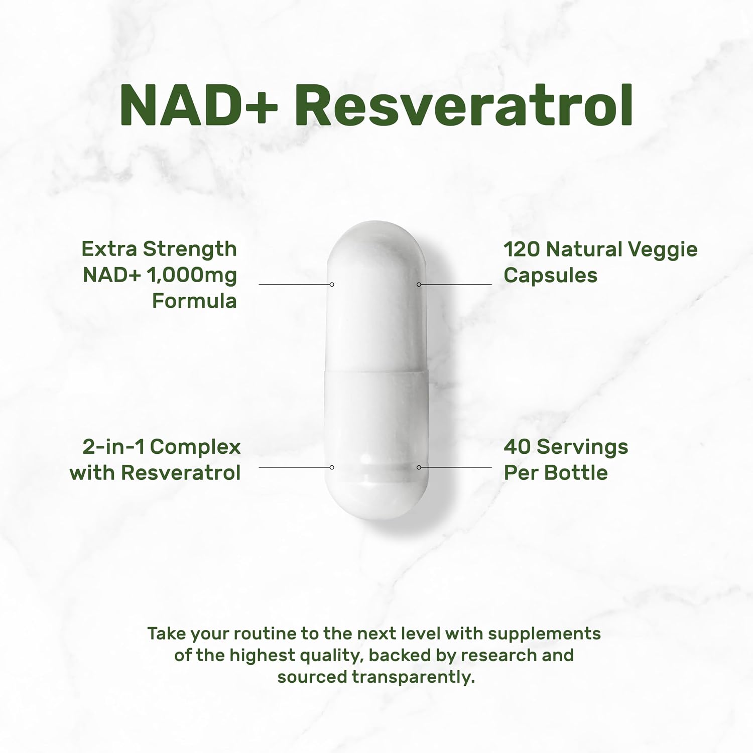 NAD+ Resveratrol 1.000mg por dosis, 120 Cápsulas Vegetales - 2 en 1 Suplemento de Potencia Extra, Alternativa al NMN, No Transgénico, Sin Gluten