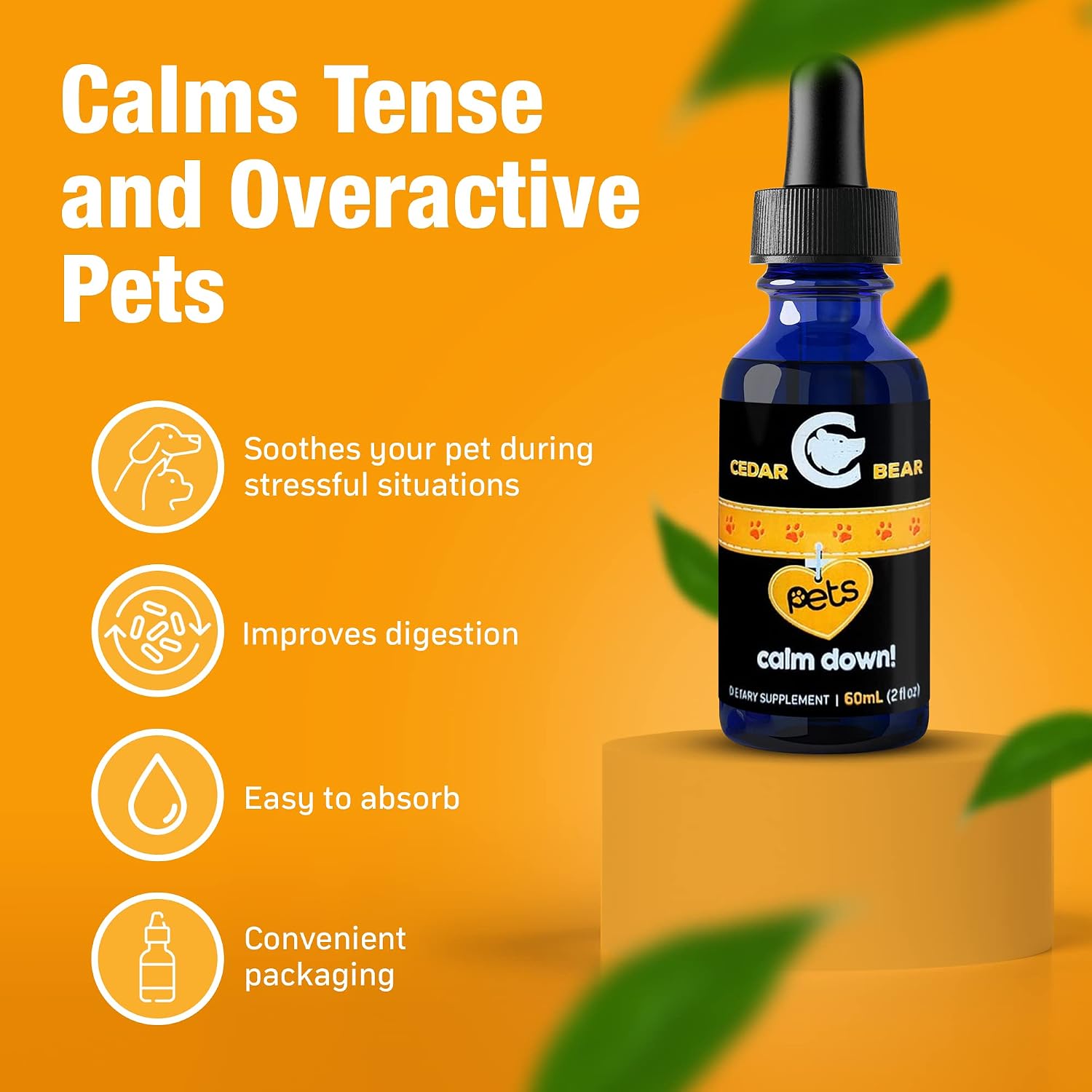Cedar Bear Pet's Calm Down - Suplemento Herbal Natural para Alivio del Estrés en Gatos, Perros, Aves y Mascotas Exóticas, 60 ml