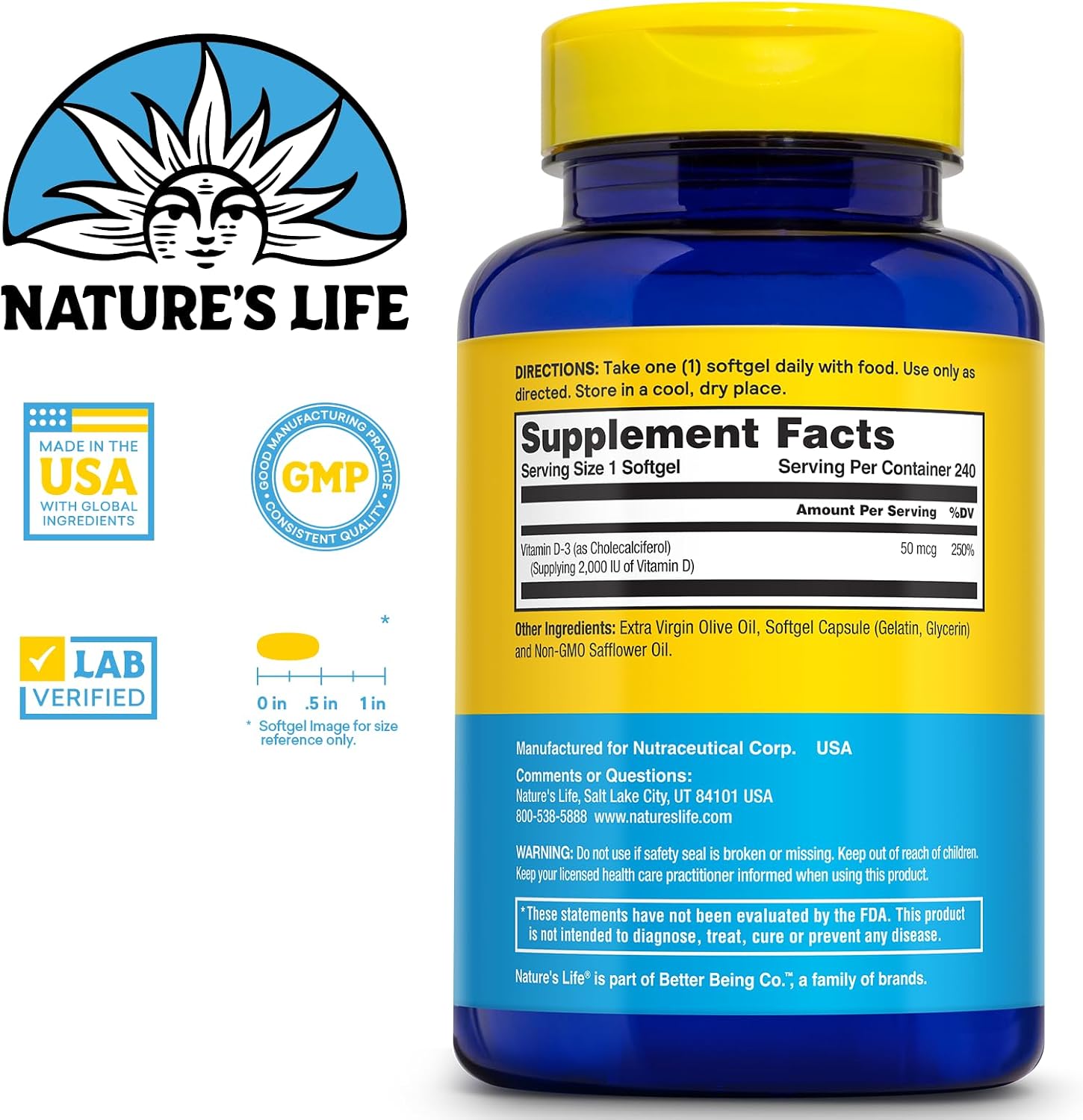 Nature's Life Vitamina D3 2000 UI (50 mcg) - 240 Cápsulas Blandas