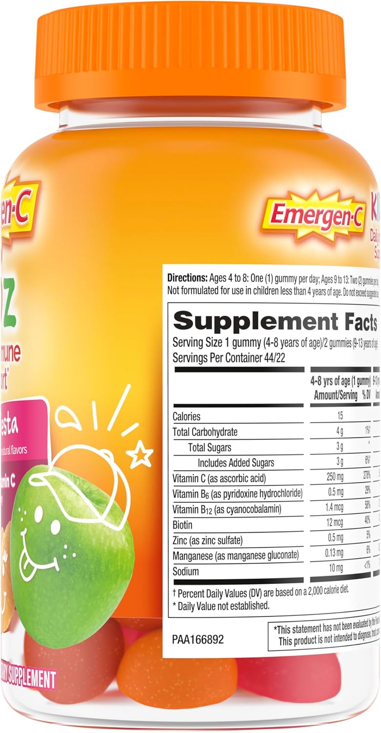 Emergen-C Kidz Gominolas de Apoyo Inmunológico Diario con Vitamina C y Vitaminas B, Sabor Fiesta de Frutas - 44 Gomitas