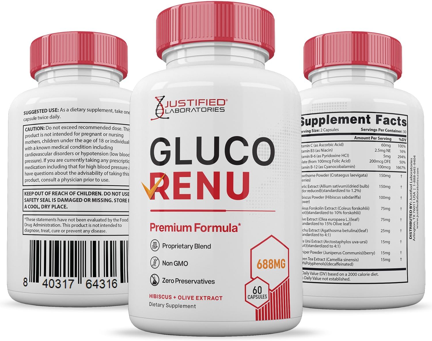 Gluco Renu 688 mg - Apoyo glucémico con hierbas - 300 cápsulas (5 envases)
