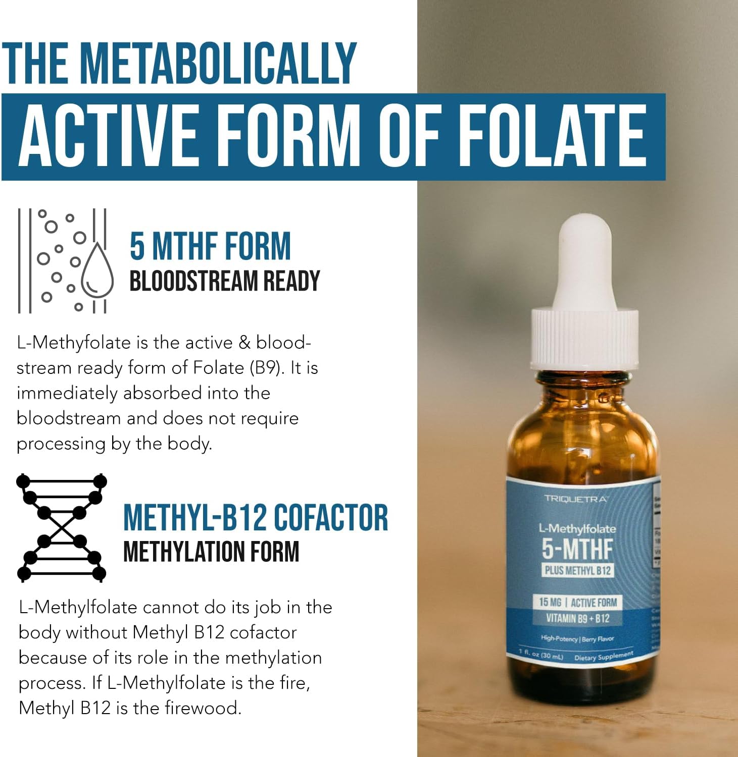 L-Methylfolate 15 mg plus Methyl B12 Cofactor - Líquido sublingual de alta potencia - Sabor a bayas orgánico