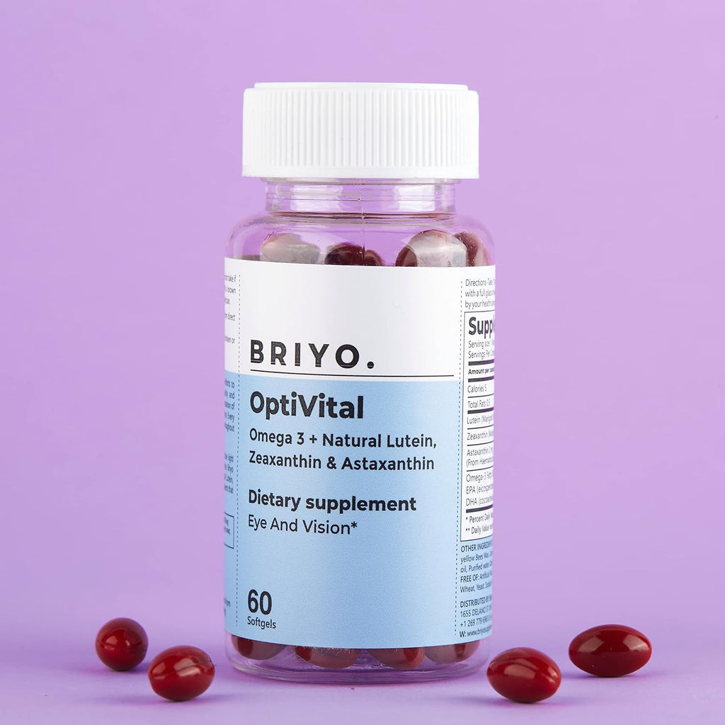Briyo OptiVital – Complemento para la salud visual con luteína, zeaxantina, astaxantina y omega-3, 60 cápsulas
