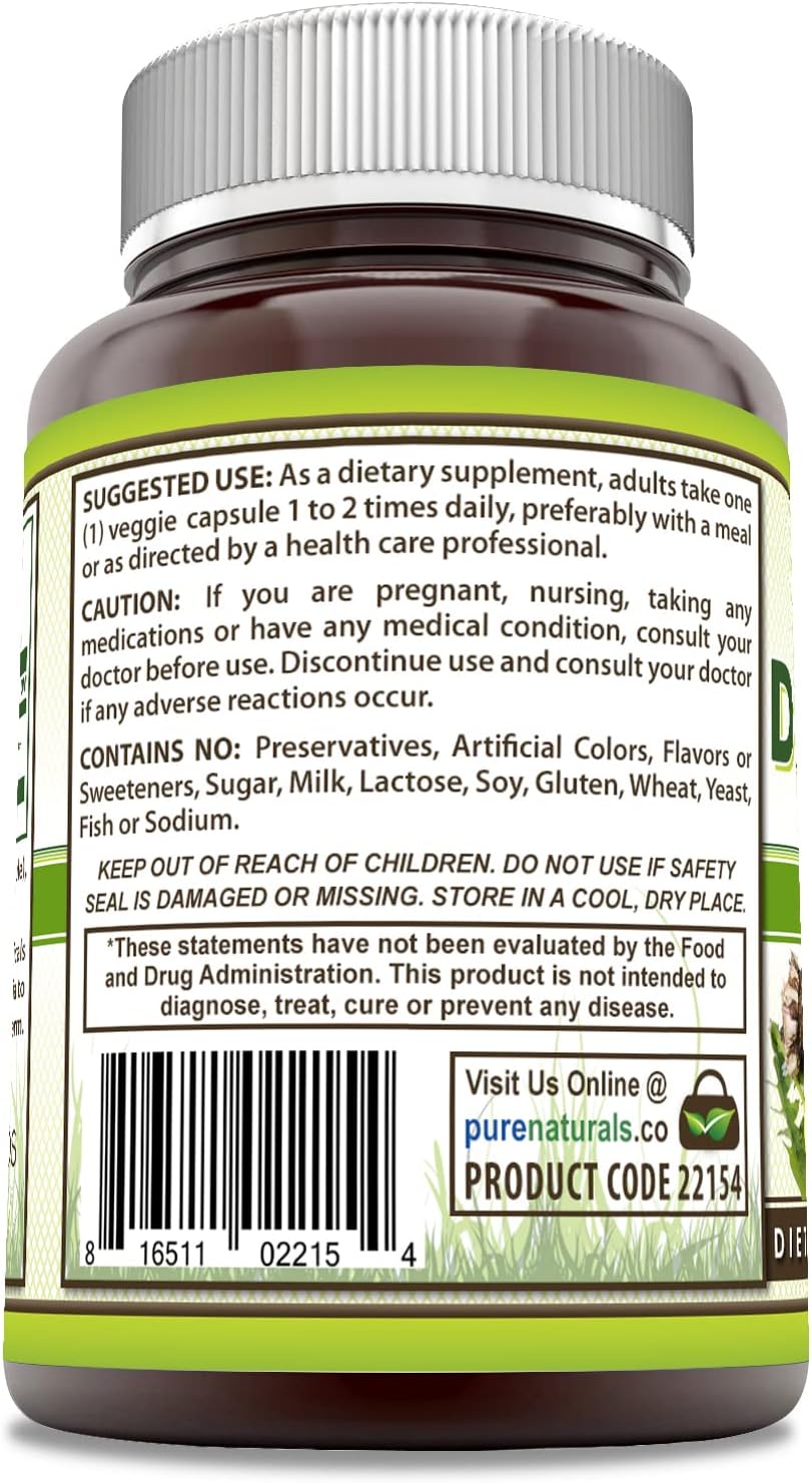 Pure Naturals Raíz de Diente de León 520 mg por ración, 120 cápsulas veganas | Non-GMO | Sin gluten | Fabricado en EE.UU.