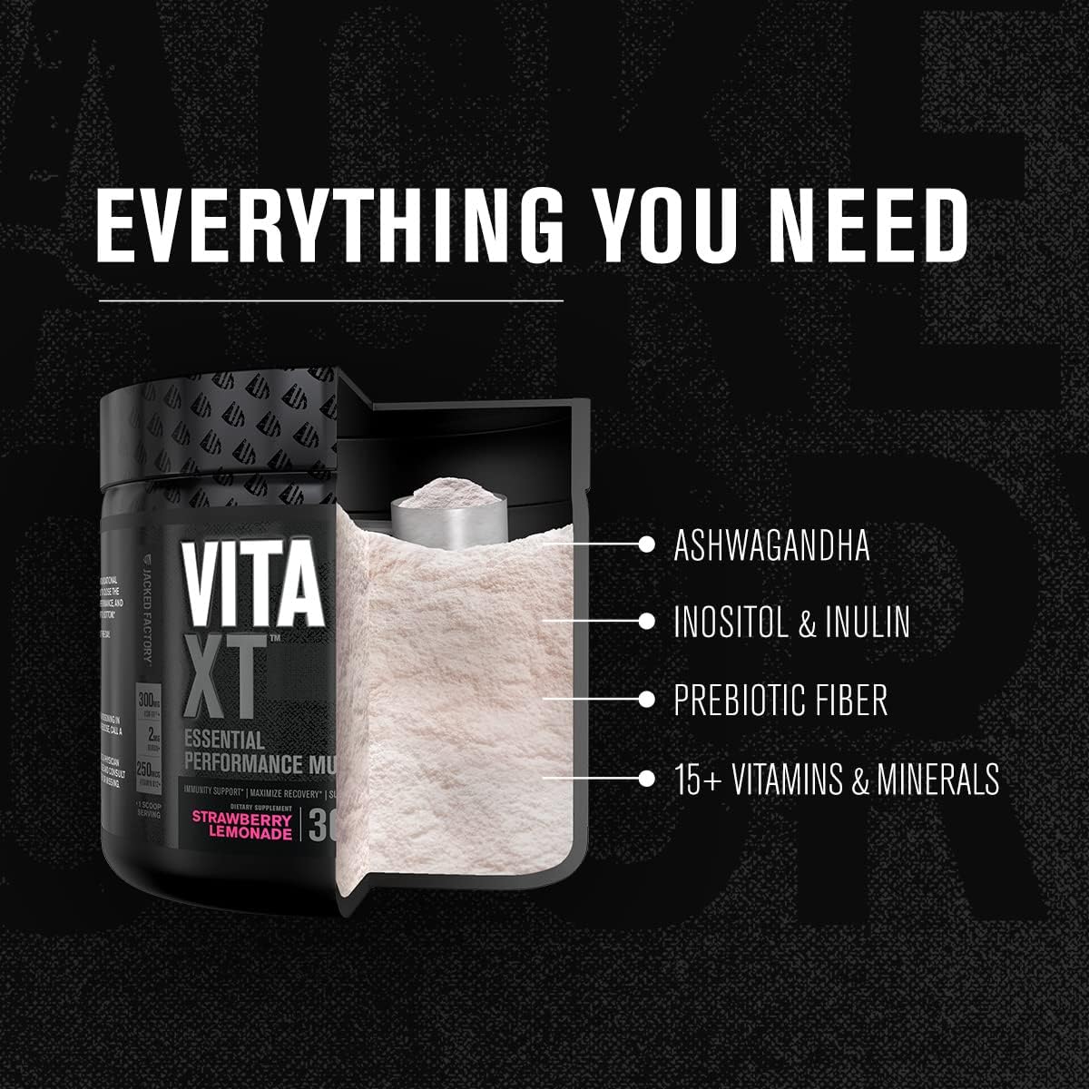 Jacked Factory Vita XT Performance Vitamin Powder - Multivitamínico en polvo para hombres con KSM-66 Ashwagandha, fibra prebiótica, vitaminas A, C, D, K, B6, B12 y más - Sabor limonada de fresa, 30 dosis