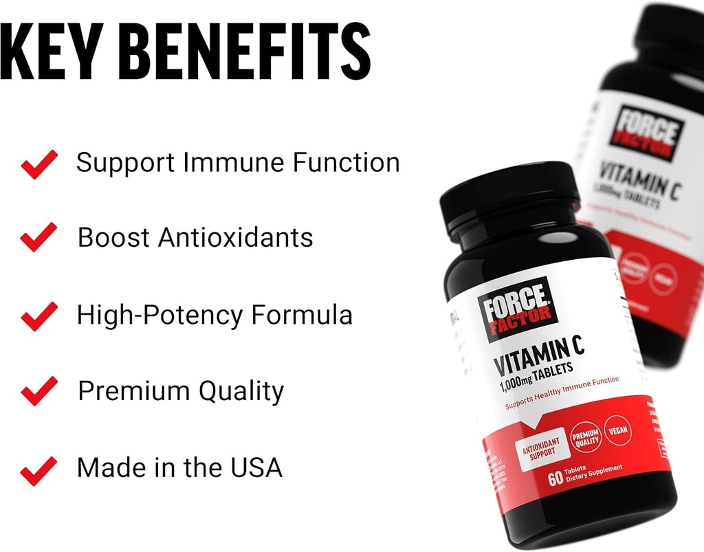 Force Factor Vitamina C 1000mg - Suplemento Inmunológico con Antioxidantes - Vegano - 60 Comprimidos
