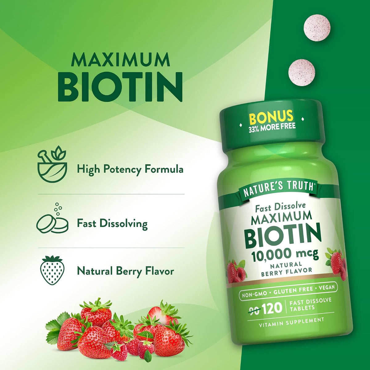 Nature's Truth Biotina 10000 mcg - 120 Comprimidos de Disolución Rápida - Alta Potencia - Vegano, Sin OGM y Sin Gluten – Image 5