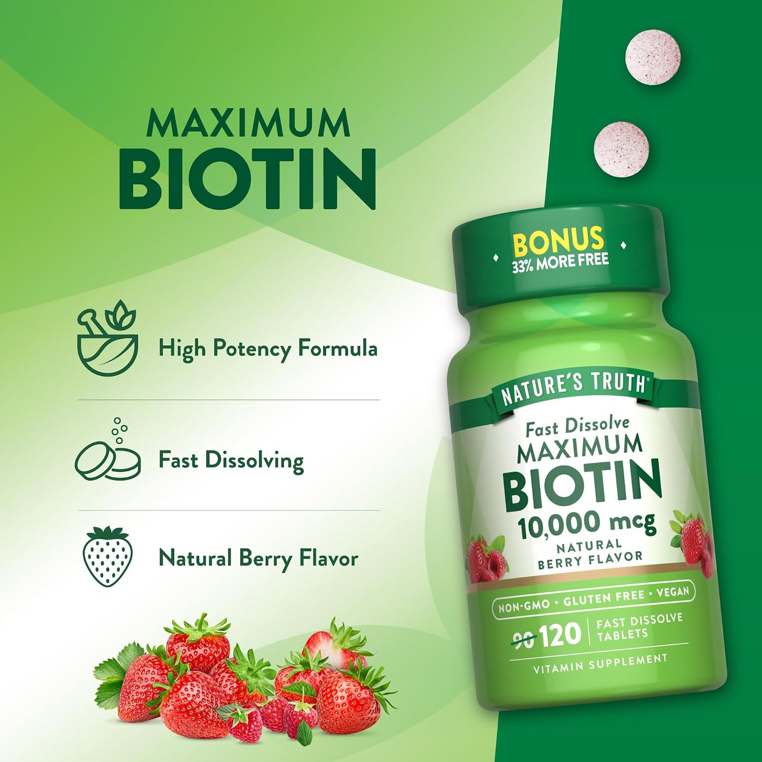 Nature's Truth Biotina 10000 mcg - 120 Comprimidos de Disolución Rápida - Alta Potencia - Vegano, Sin OGM y Sin Gluten