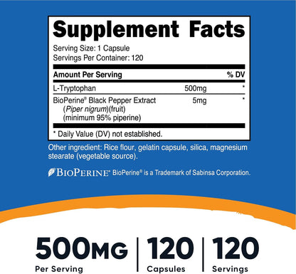 Nutricost L-Triptófano 500 mg, 120 Cápsulas – Formato cómodo: 120 cápsulas por botella, con un total de 240 – Image 2