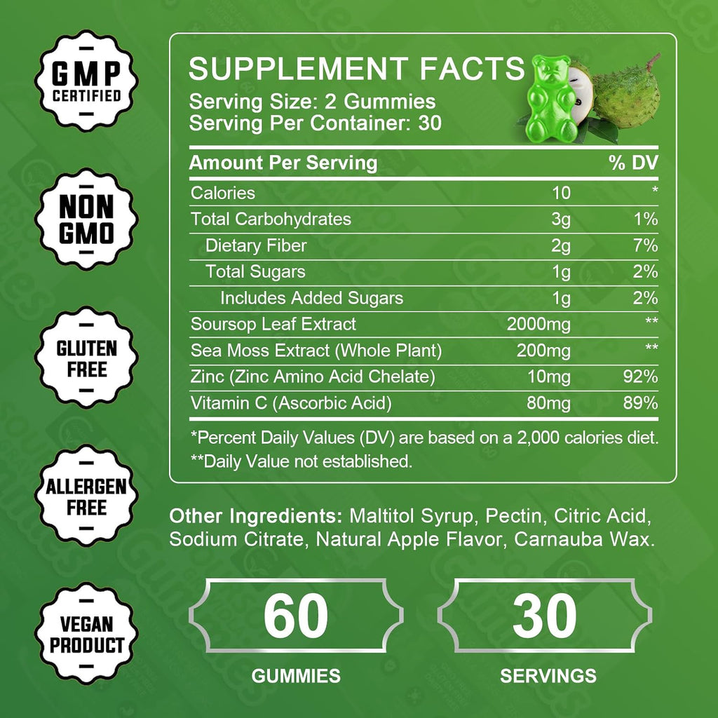 Gomitas de Graviola Soursop - 2200mg Extracto de Hojas de Soursop con Musgo Marino, Zinc y Vitamina C - 120 Gomitas (2 Envases)