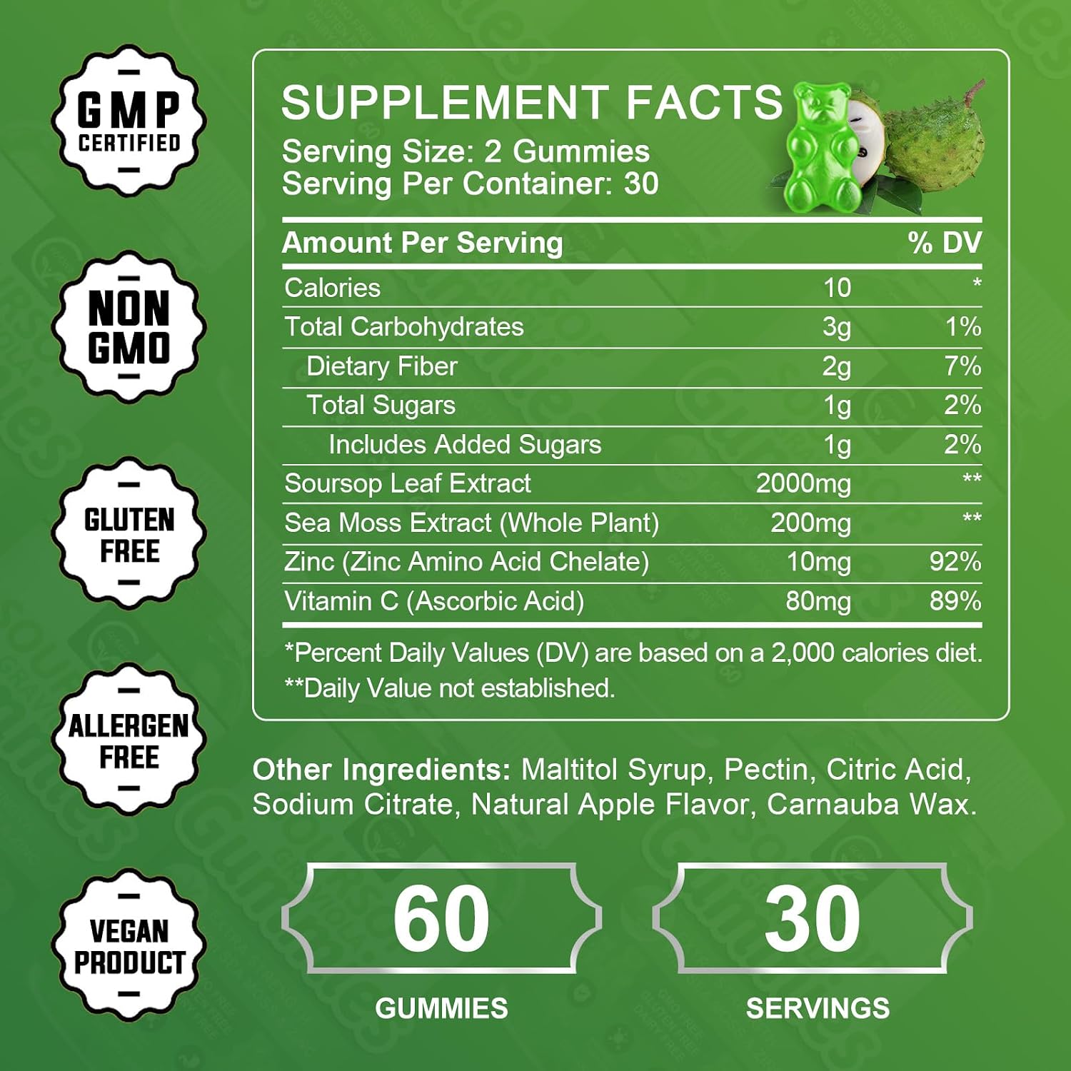 Gomitas de Graviola Soursop - 2200mg Extracto de Hojas de Soursop con Musgo Marino, Zinc y Vitamina C - 120 Gomitas (2 Envases)