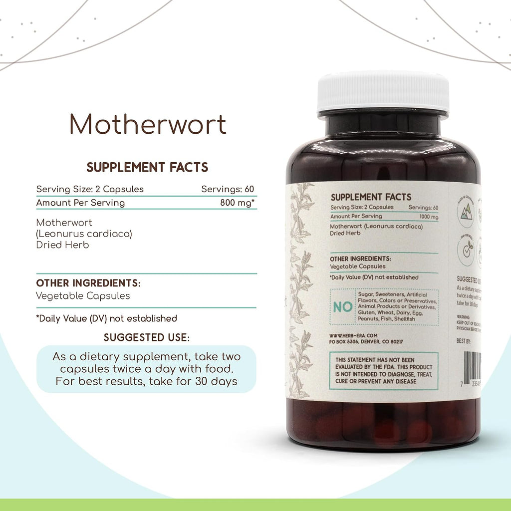 HerbEra Motherwort 120 Cápsulas, 400 mg - Agripalma (Leonurus Cardiaca)