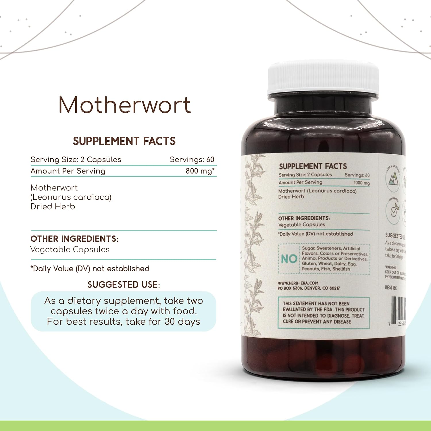 HerbEra Motherwort 120 Cápsulas, 400 mg - Agripalma (Leonurus Cardiaca)