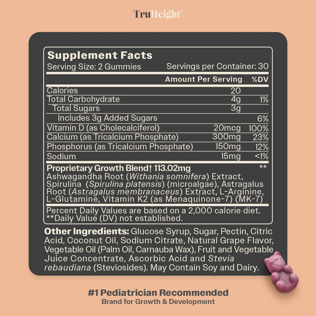TruHeight Gominolas de Crecimiento (Uva) - Calcio, Vitamina D3, K2 y Ashwagandha para Niños y Adolescentes