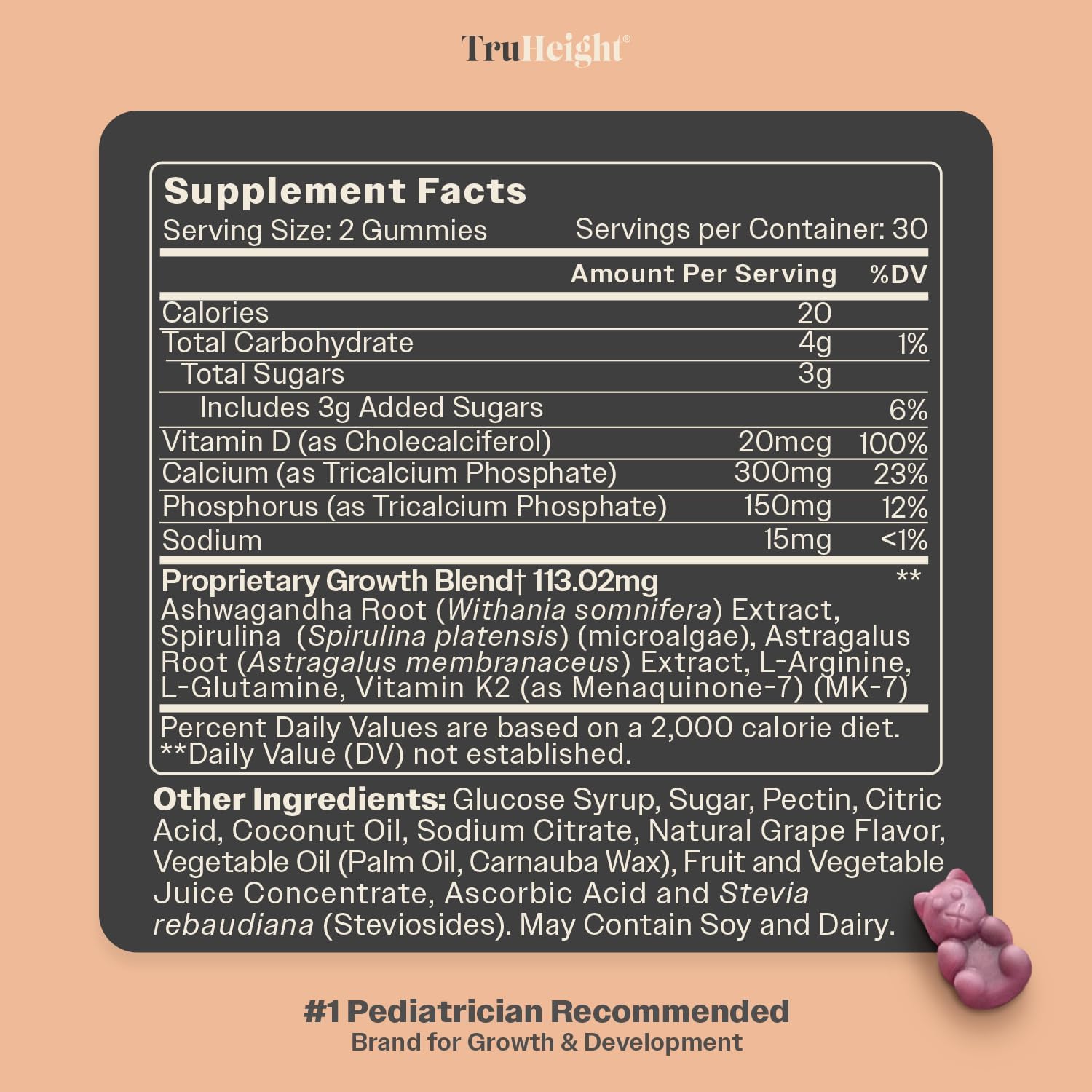 TruHeight Gominolas de Crecimiento (Uva) - Calcio, Vitamina D3, K2 y Ashwagandha para Niños y Adolescentes