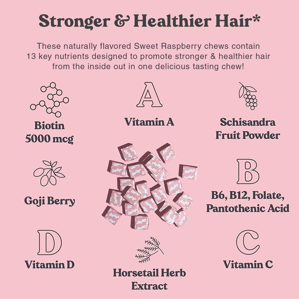 Chewsy Beautiful Hair - Suplemento para el Cabello con Biotina, Vitamina C y Extracto de Cola de Caballo - Frambuesa Dulce, 30 Días