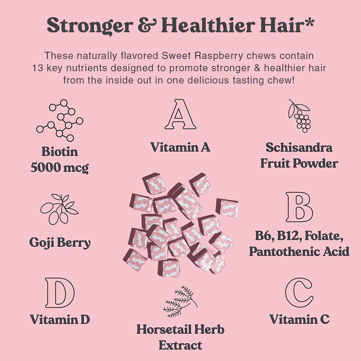 Chewsy Beautiful Hair - Suplemento para el Cabello con Biotina, Vitamina C y Extracto de Cola de Caballo - Frambuesa Dulce, – Image 3