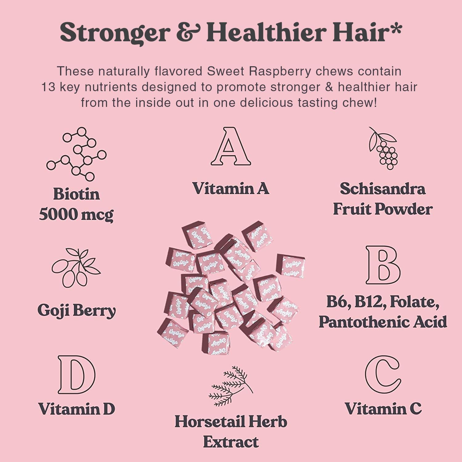 Chewsy Beautiful Hair - Suplemento para el Cabello con Biotina, Vitamina C y Extracto de Cola de Caballo - Frambuesa Dulce, 30 Días
