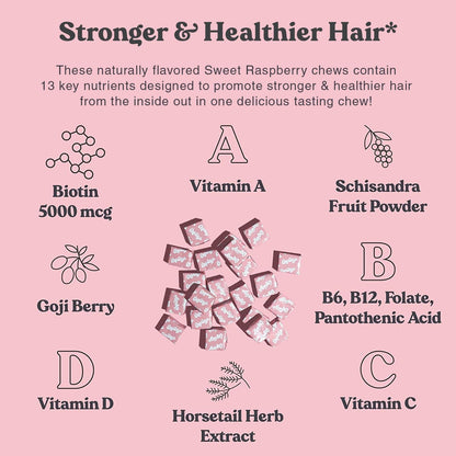 Chewsy Beautiful Hair - Suplemento para el Cabello con Biotina, Vitamina C y Extracto de Cola de Caballo - Frambuesa Dulce, – Image 3